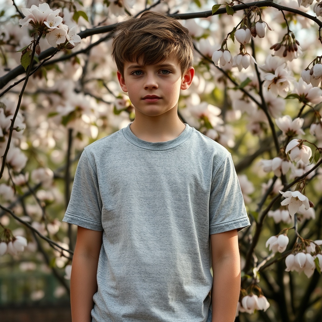 AI generated image by FLUX.1-schnell: garçon de huit ans sans tee shirt allongé dans les feuilles mortes