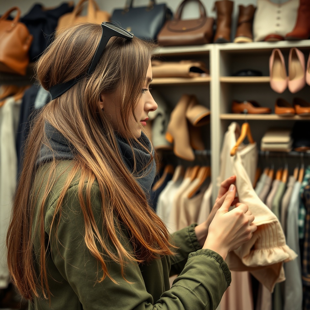 AI generated image by FLUX.1-schnell: Das Bild zeigt das linke Profil einer jungen Frau mit langen braunen Haaren, die konzentriert in einem Secondhand- oder Vintage-Laden nach Kleidung stöbert. Sie trägt eine grüne Jacke, ein dunkles Halstuch und hat eine Sonnenbrille auf dem Kopf, während sie ein buntes Kleidungsstück prüfend betrachtet. Im Hintergrund sind Regale mit Taschen, Schuhen und weiterer Vintage-Kleidung zu sehen, was eine gemütliche und nostalgische Atmosphäre vermittelt.