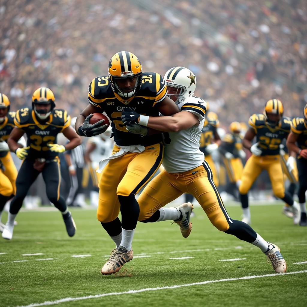 AI generated image by FLUX.1-schnell: A realistic looking photo of the army Navy football game, where an army player in their black and gold uniforms is tackling a player from Navy in their navy and white uniforms in Lincoln financial field