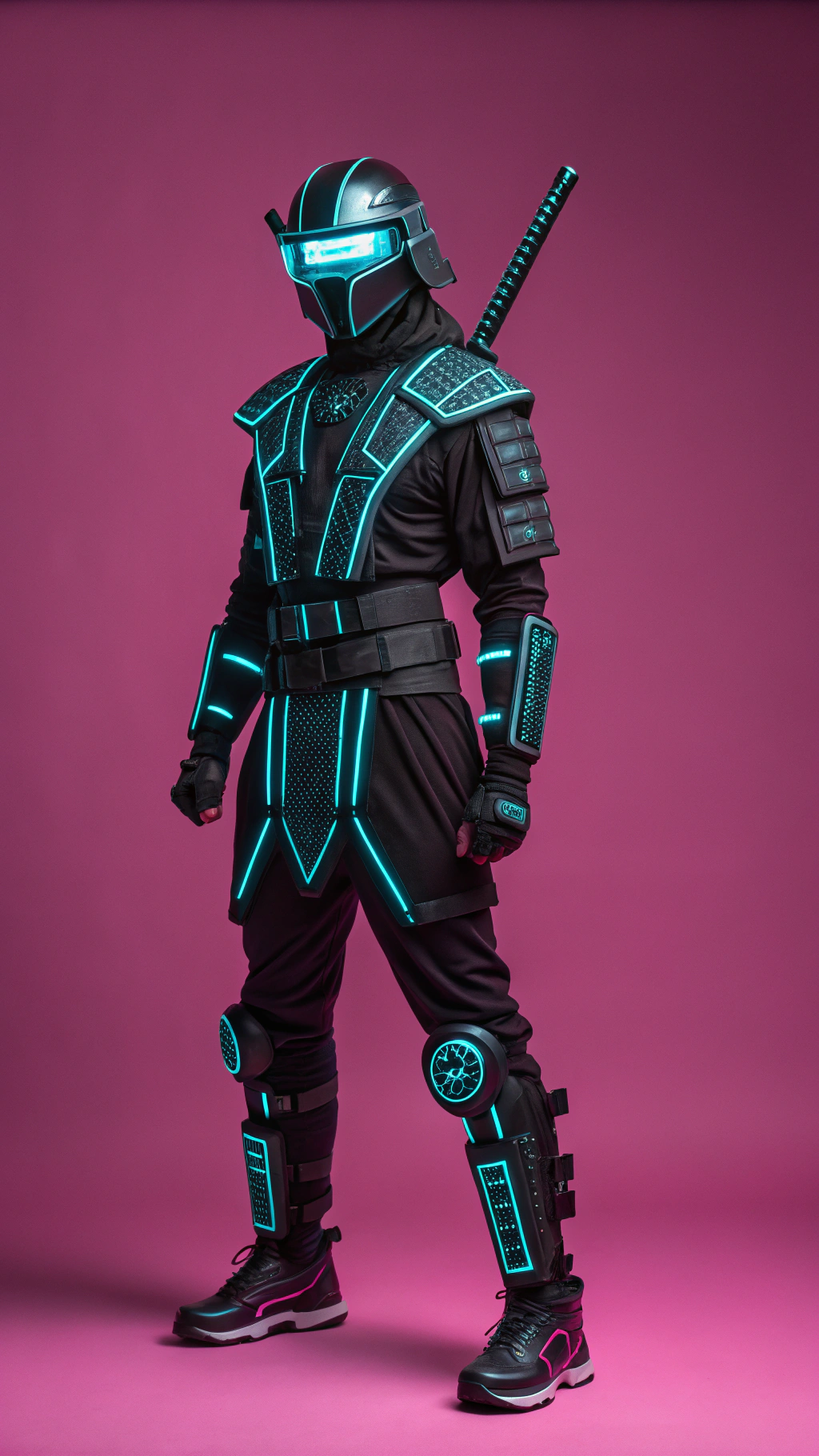AI generated image by Red Panda AI: A stylized cyber-ninja/character figure photographed against a solid magenta background. The character has a sleek, angular helmet with a glowing LED visor strip and tactical mask details. The body combines traditional ninja garb with high-tech armor, featuring matte black surfaces with neon blue circuit patterns and energy lines. Mechanical throwing stars attach to various points on the armor. The hands are detailed with carbon fiber textures and glowing energy weapons. The feet feature split-toed tactical boots with mechanical details. Professional lighting emphasizes the contrast between matte and glowing elements.