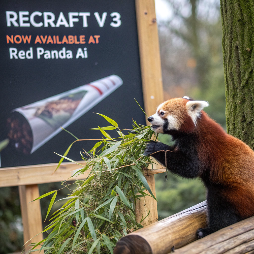 AI generated image by Red Panda AI: a red panda eating a bamboo in front of a poster that says "recraft V3 now available at red panda ai