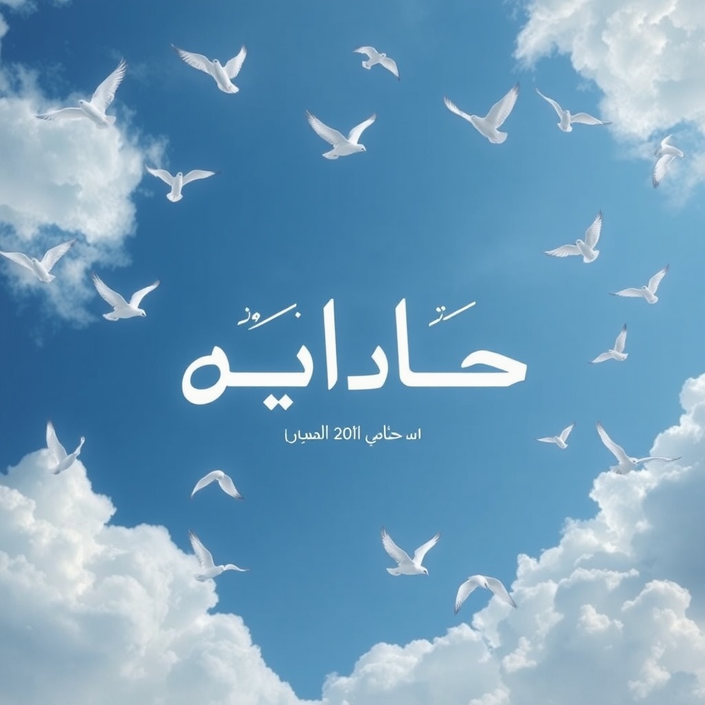 AI generated image by FLUX.1-schnell: My friend died. I want to create his name in the sky between the clouds and white birds circling the name. I want a sad picture, as if the sky is crying and the birds are crying, and write the name in Arabic.
محمد المسلم