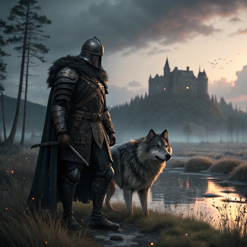 AI generated image by Red Panda AI: MAKE THE FOLLOWING PROMPT IN A RETRO, PIXEL ART STYLE: "A dark, weathered knight clad in battle-worn blackened armor stands solemnly in an eerie marshland at dusk. His cloak, tattered and damp, billows in the cold, whispering wind. Beside him, a massive wolf with piercing amber eyes and a coat streaked with silver and shadow stands alert—fierce yet devoted, exuding loyalty and raw power. In the misty distance, a towering, ancient castle looms, half-shrouded in fog, its jagged spires silhouetted against a brooding overcast sky. The murky marsh reflects twisted trees and glimmers of fading light, casting an otherworldly glow across the hauntingly beautiful landscape."