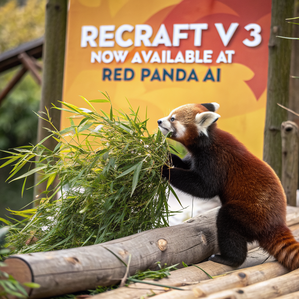 AI generated image by Red Panda AI: a red panda eating a bamboo in front of a poster that says "recraft V3 now available at red panda ai