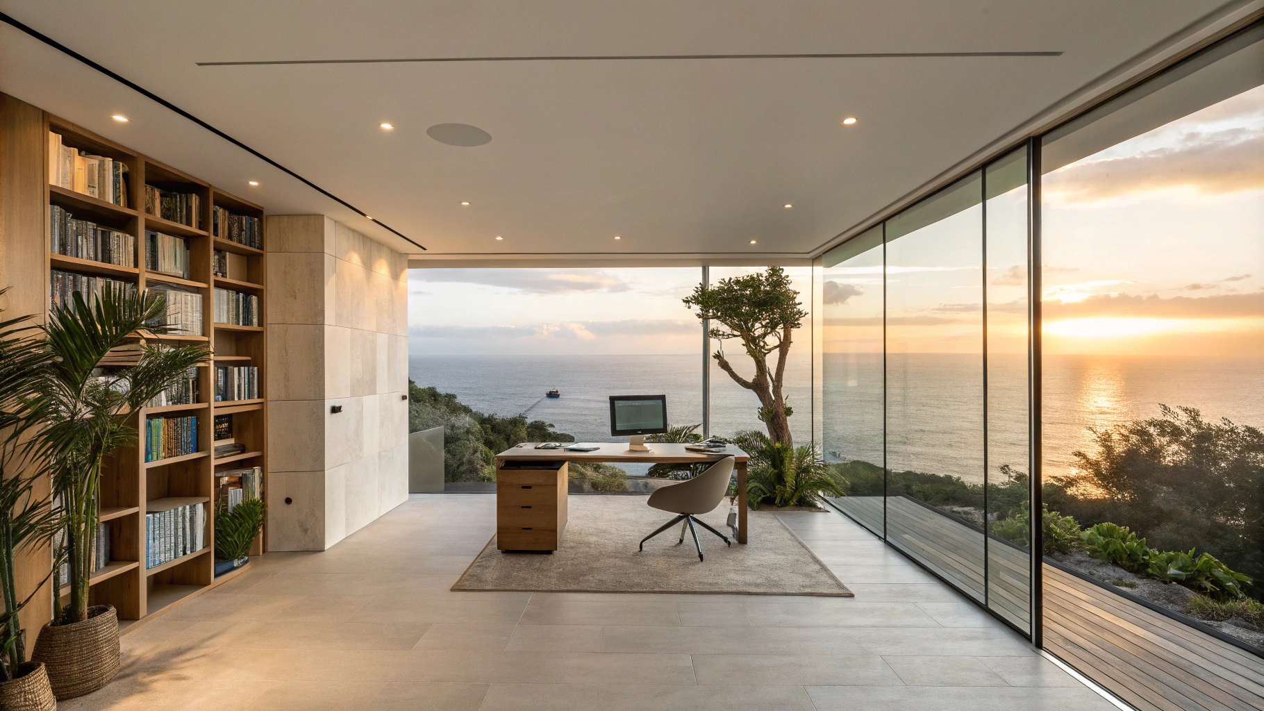 AI generated image by Red Panda AI: Wide-angle view of a large, luxurious home office with a minimalist design on the second floor, seen from the doorway. A spacious desk with a computer setup is centered in the room, facing a floor-to-ceiling glass wall with a panoramic ocean view at sunset, filling the space with warm, ambient light. Lush green plants and a tall bookshelf on the left add sophistication. The scene is open and airy, with walls only on the sides and back, creating a seamless connection to the ocean view.