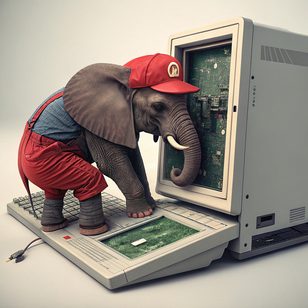 AI generated image by Red Panda AI: haz a un elefante que este dentro de un ordenador y que el elefante sea como el personaje de mario