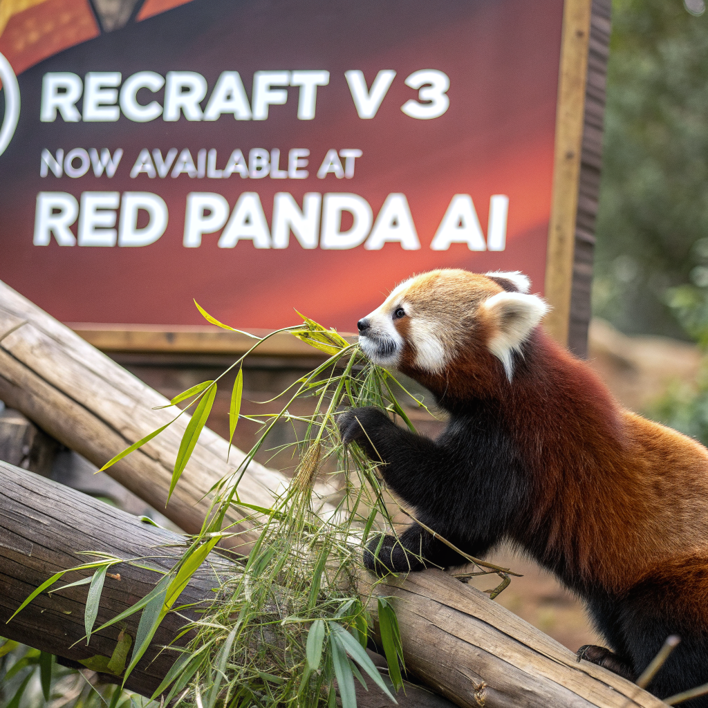 AI generated image by Red Panda AI: a red panda eating a bamboo in front of a poster that says "recraft V3 now available at red panda ai