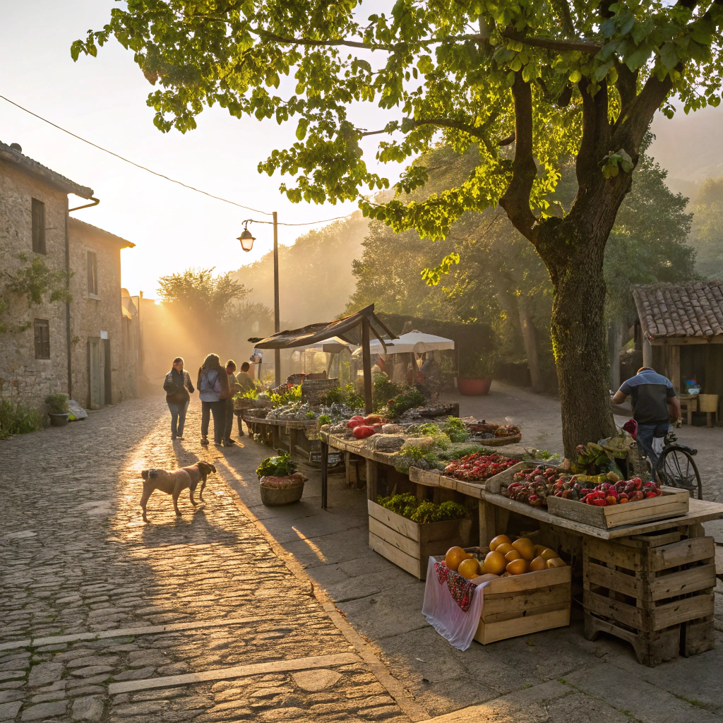 AI generated image by Red Panda AI: "Un pequeño mercado artesanal en un pueblo rural al amanecer, iluminado por luz natural cálida. Las mesas de madera están cubiertas de productos locales, como frutas, flores frescas y artículos de cerámica pintada a mano. Los rayos del sol se filtran a través de las hojas de los árboles, creando sombras suaves en el suelo de piedra. Se pueden ver algunos lugareños comprando, mientras un perro descansa cerca de una bicicleta apoyada contra un poste."