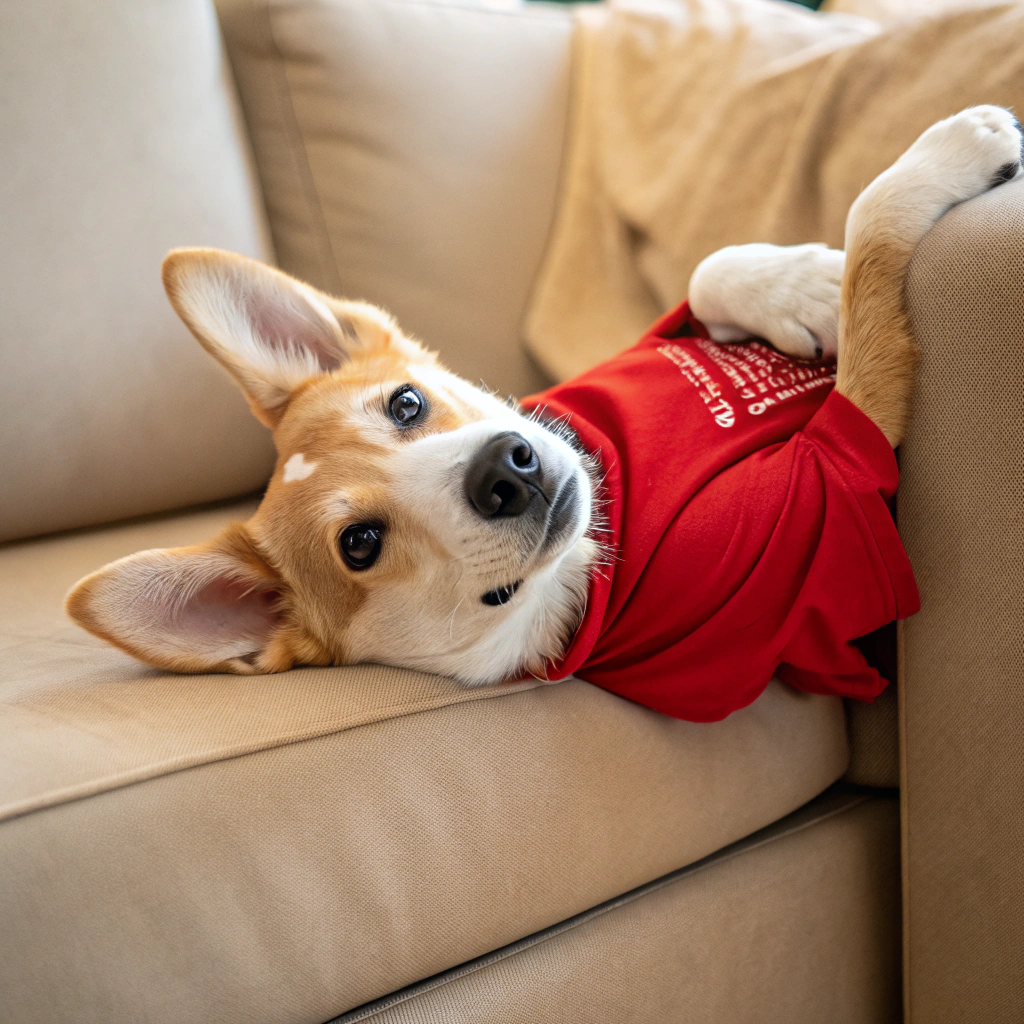 AI generated image by Red Panda AI: el rostro de un perro ablandole a la camara con camisa roja y esta acostado patas arriba y sentado recargado en un sillon beige
