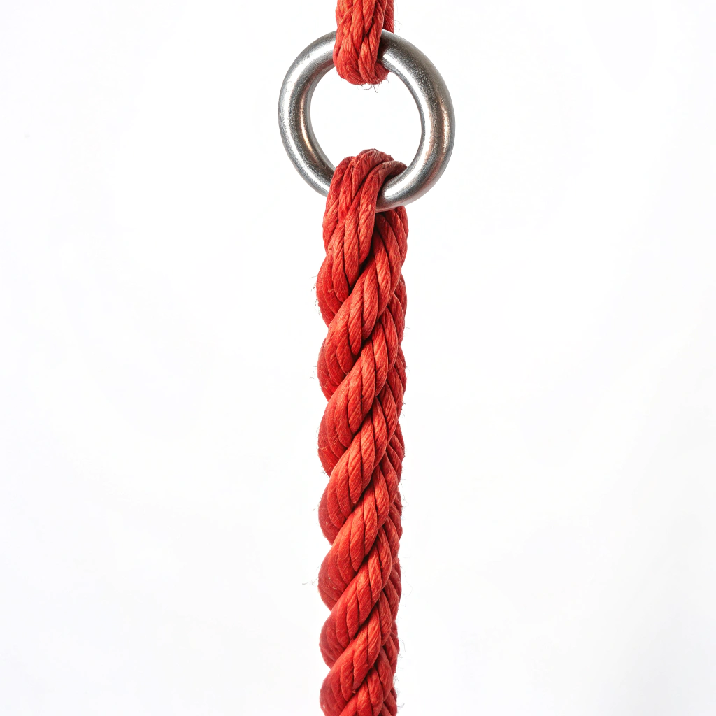 AI generated image by Red Panda AI: Generate a photorealistic image that depicts a thick, bright red rope hanging vertically against a pristine white background. The rope has a large metallic ring attached to its top end, designed for hanging, but currently it is not secured onto anything. About halfway down the rope, it begins to unravel, revealing the three individual threads that compose it. One of the threads dangles straight down in the middle, while the other two equally spaced threads hang just offset to the left and right respectively.