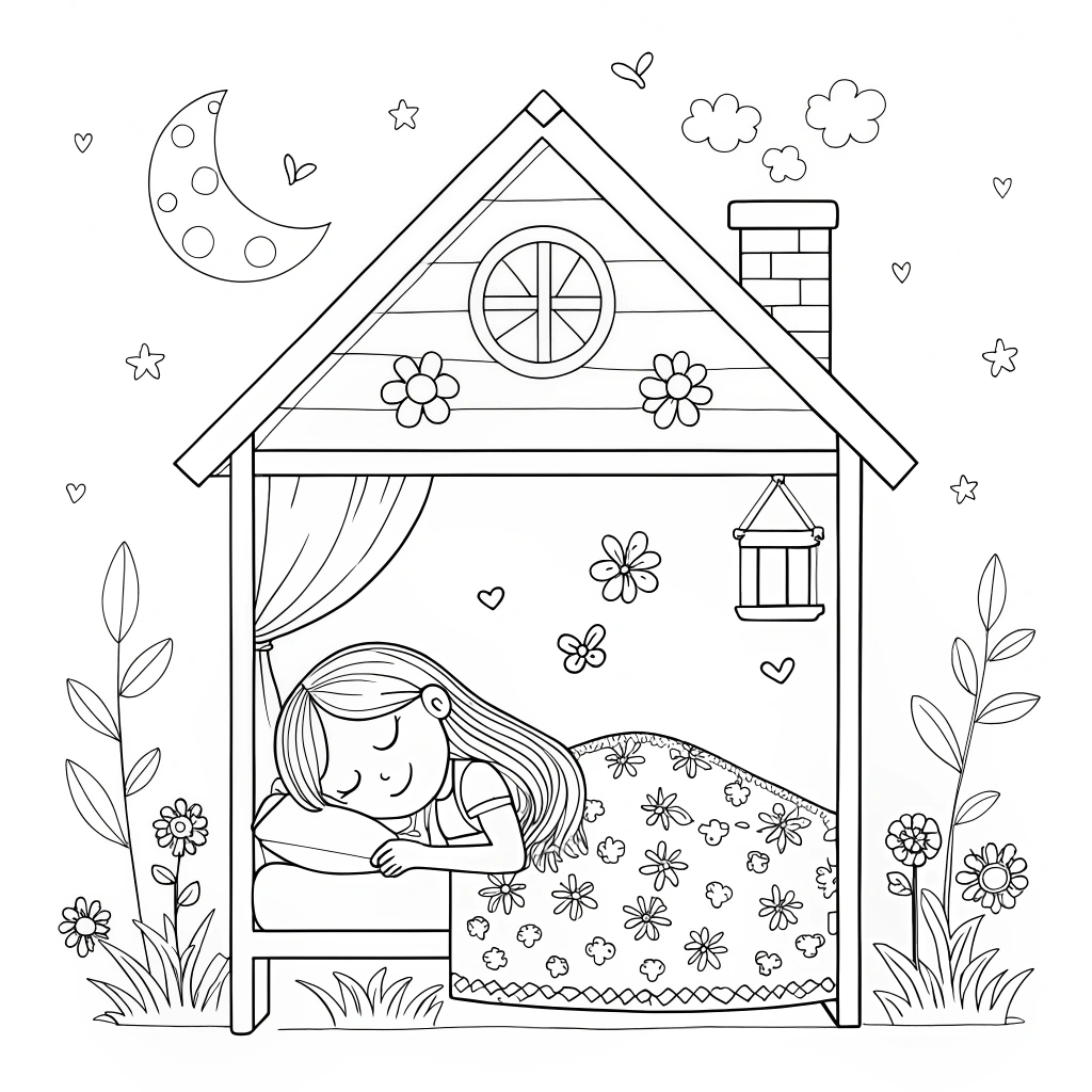 AI generated image by Red Panda AI: Children's coloring page, simple black and white line art, line illustration, a peaceful little house, a beautiful girl with long hair lying on a bed sleeping, with small flowers printed on it, cute and healing style, high-definition quality, no color, no shades, no darkened areas