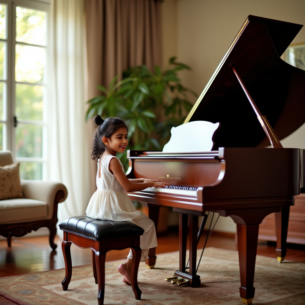 AI generated image by FLUX.1-pro: The scene is in an affluent Metropolitan city home drawing room in India with a happy young girl with Indian features playing the 8 Octave Grand Piano sitting upright on a Piano bench.