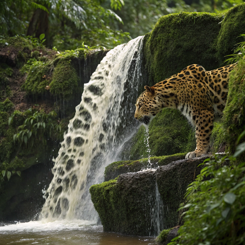 AI generated image by Red Panda AI: a jaguar drinking water in the waterfall