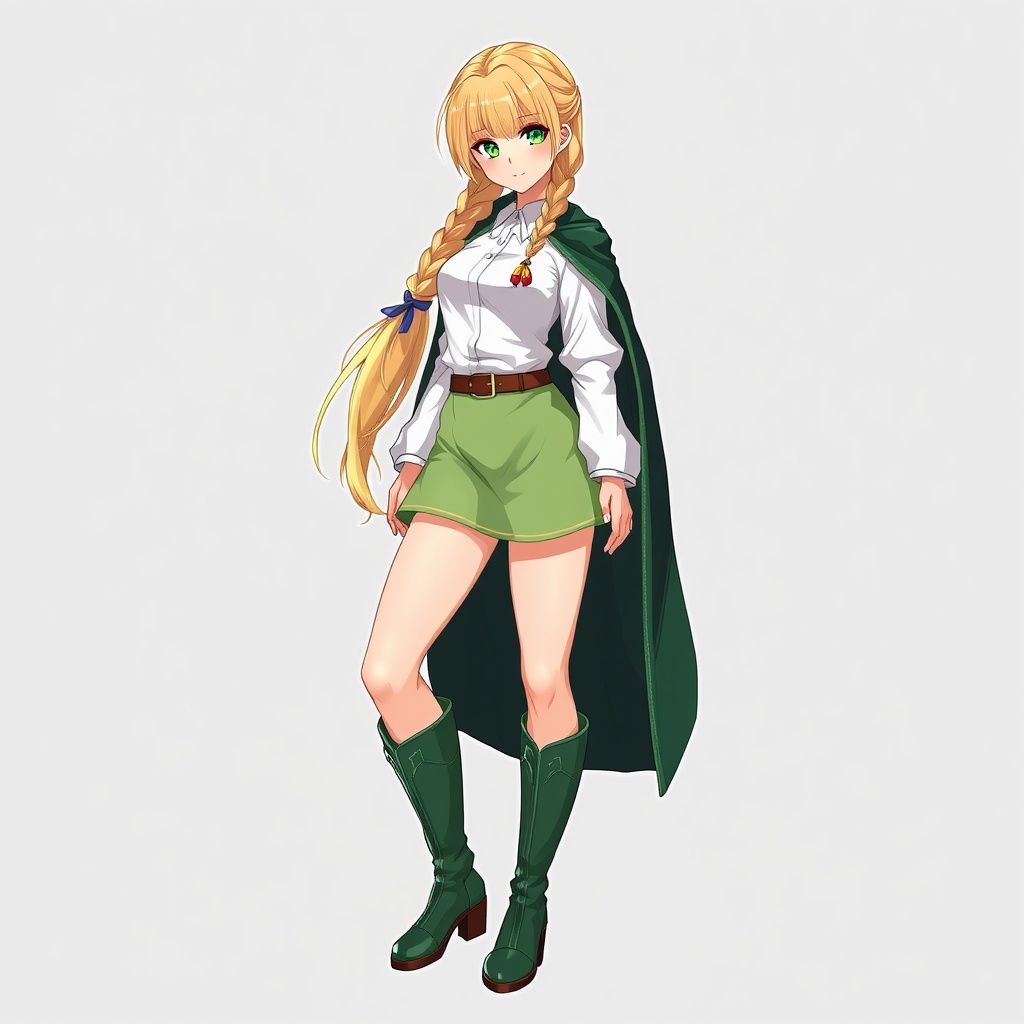 AI generated image by FLUX.1-schnell: blonde woman, braid hair, anime art style, light green miniskirt, short dark green cloak, long boots under the knees, perfect anatomy, sexy, full body, white shirt, medieval attire, manga, ((anime)), full body, her figure more alike perfect anatomy for woman, and depict her now in the art style of Persona 5 Royal game, visual novel sprite, random emotion, no background, green eyes