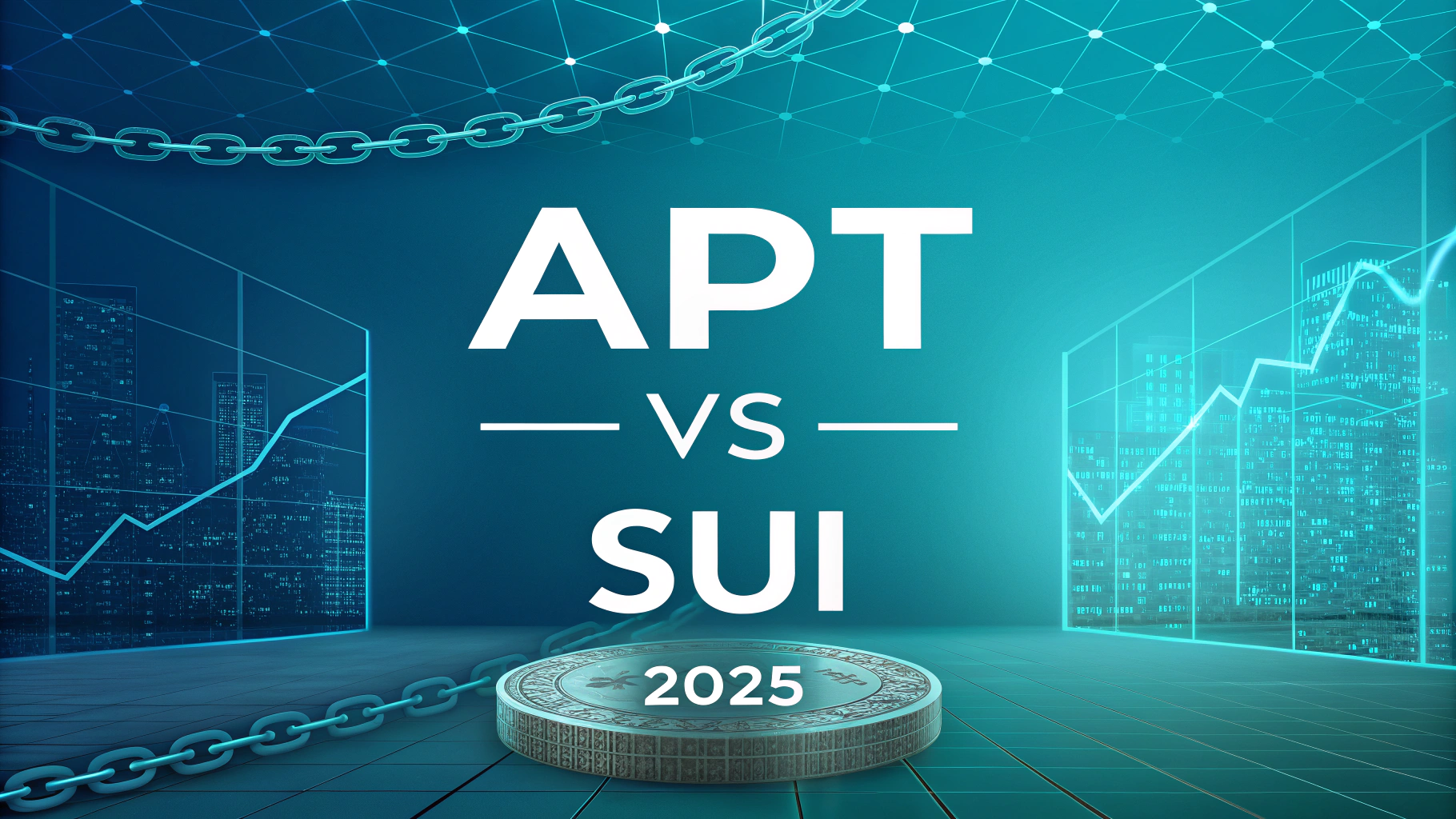AI generated image by Red Panda AI: Futuristic banner for a blogpost, with fintech sci-fi cyan colors and fintech background with blockchain element in financial article style. Big title "APT vs SUI" and small title "2025"