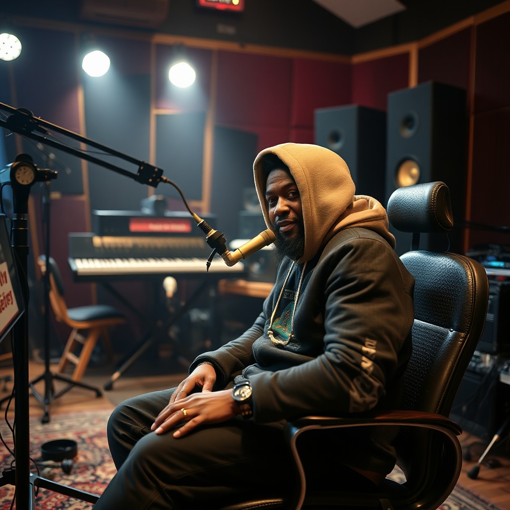 AI generated image by FLUX.1-schnell: Uk drill guy sitting in music studio