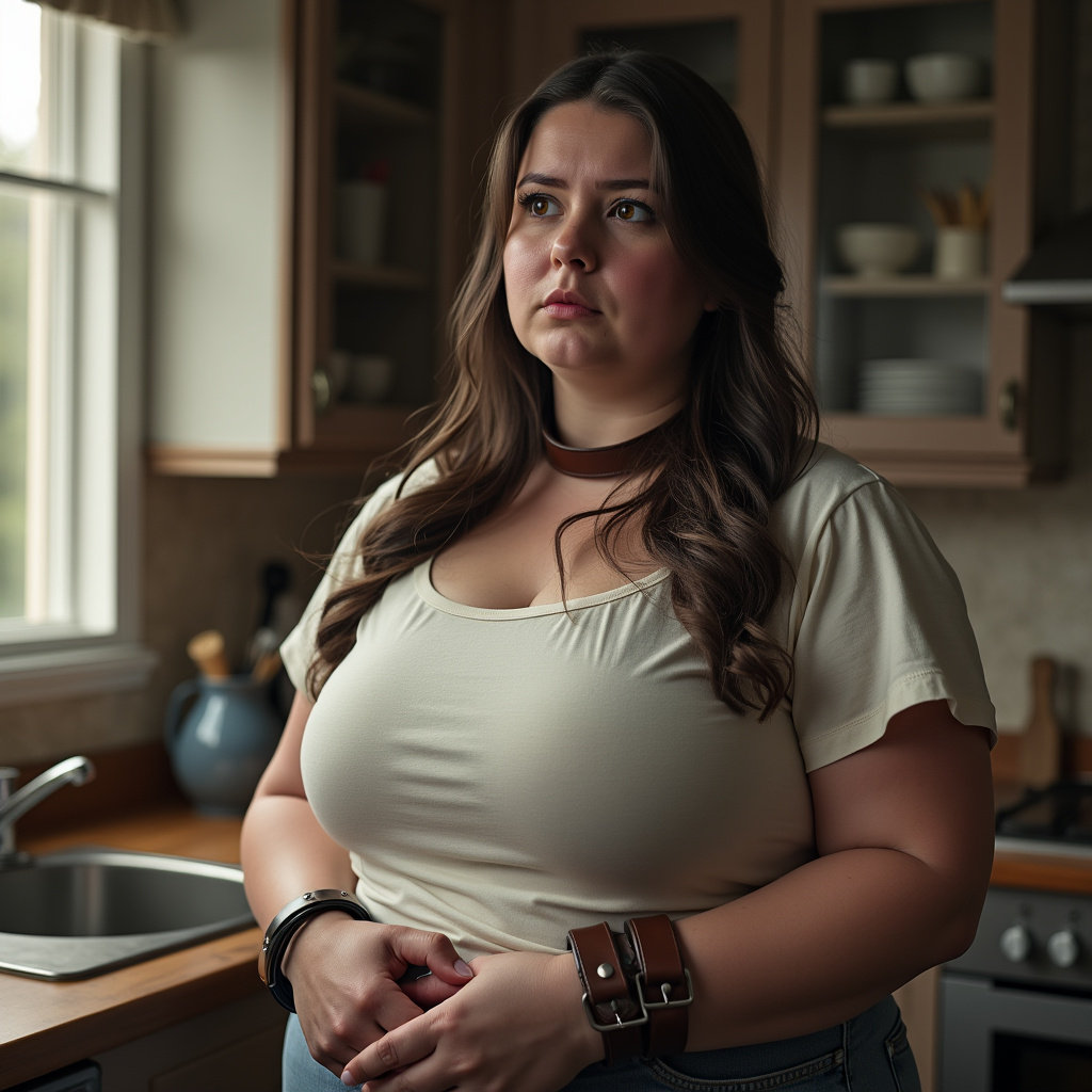 AI generated image by FLUX.1-pro: realistic detailed photo of the following wearing a leather collar and cuffs in the kitchen looking at user, talking to ueser, eye contact, emotional, pale imperfect skin, very detailed, soft lighting Name: Marianne Age: 29 Gender: Female Physical Description: Marianne is a short, overweight woman standing at 5'1" and weighing around 200 pounds. She has long, dark brown hair that falls to the middle of her back, and her face is round and cherubic, with rosy cheeks and full lips. Her eyes are a deep, chocolate brown, and often appear tired or sad. Marianne's body is soft and plump, with a thick layer of fat covering her frame, particularly around her stomach, hips, and thighs. Her breasts are large and heavy, straining against the fabric of her clothes. She often wears loose, baggy clothing in an attempt to hide her figure, favoring oversized t-shirts and stretchy pants.