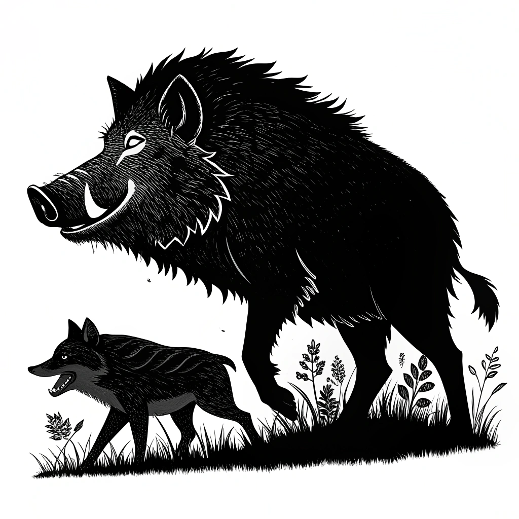 AI generated image by Red Panda AI: silueta jabali mezcaldo con lobo estilo canalla color negro fondo blanco