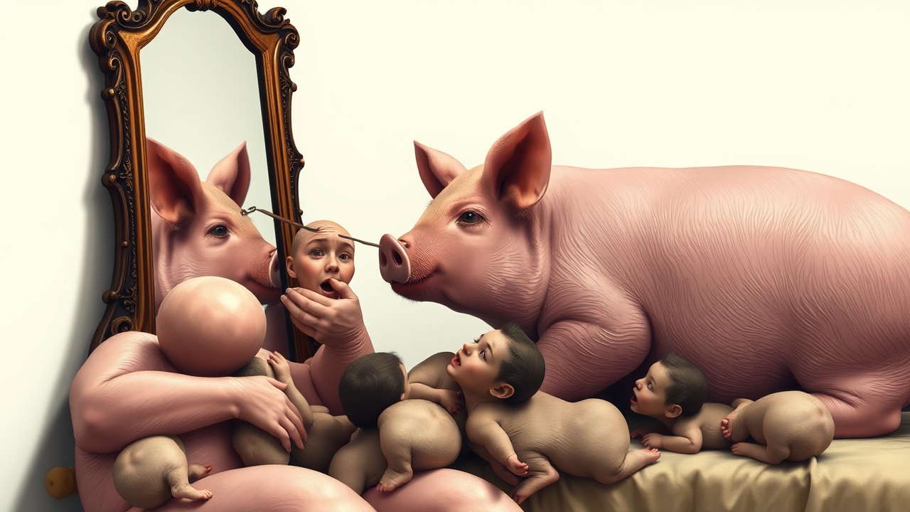 AI generated image by FLUX.1-schnell: Create a femine pork feeding some little men from her breast while there's a mirror next to her where her reflection looks like a beautiful woman with several boobs lying on a scslong