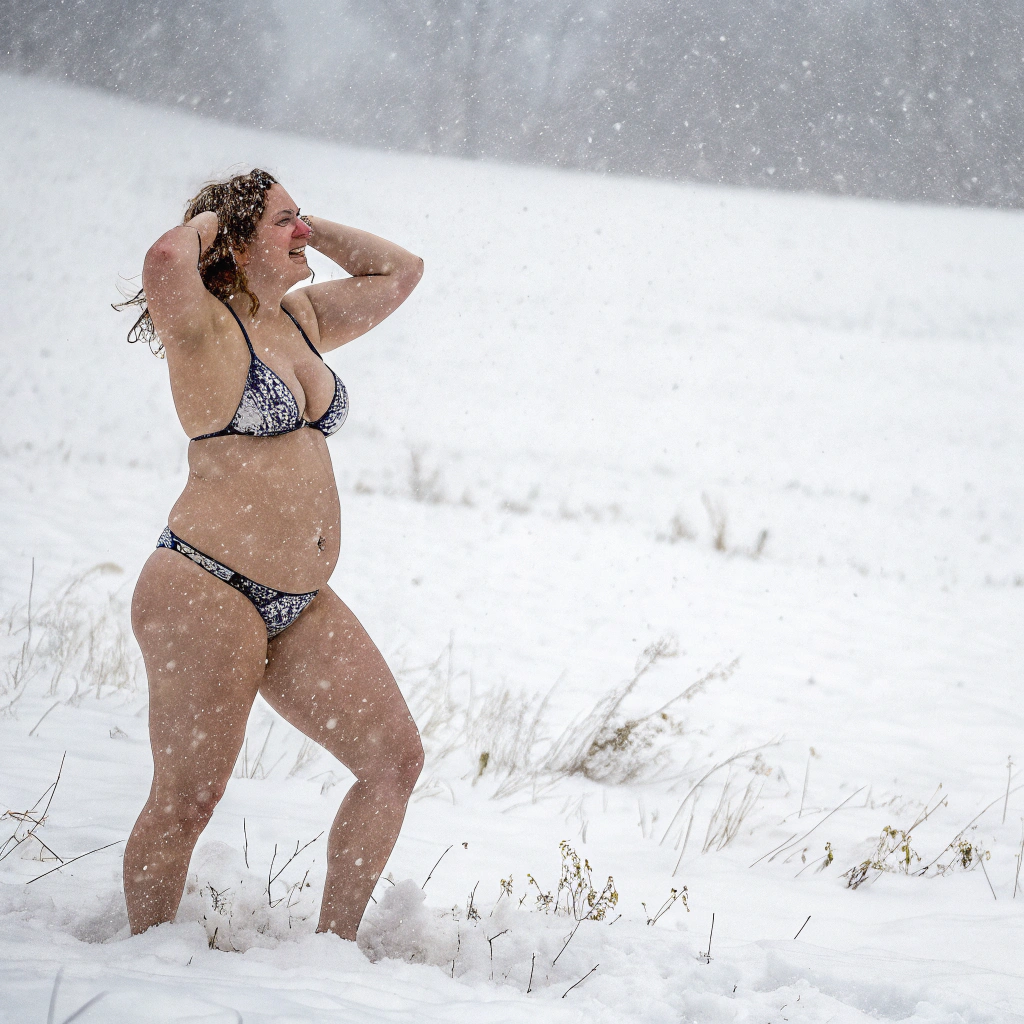 AI generated image by Red Panda AI: curvy woman in skimpy bikini playing in a heavy snowstorm