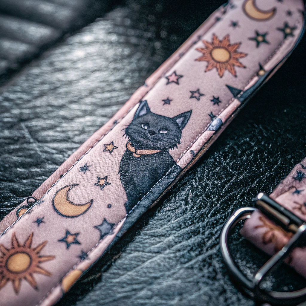 AI generated image by Red Panda AI: un collar que incluya un gato, la luna las estrellas y el sol