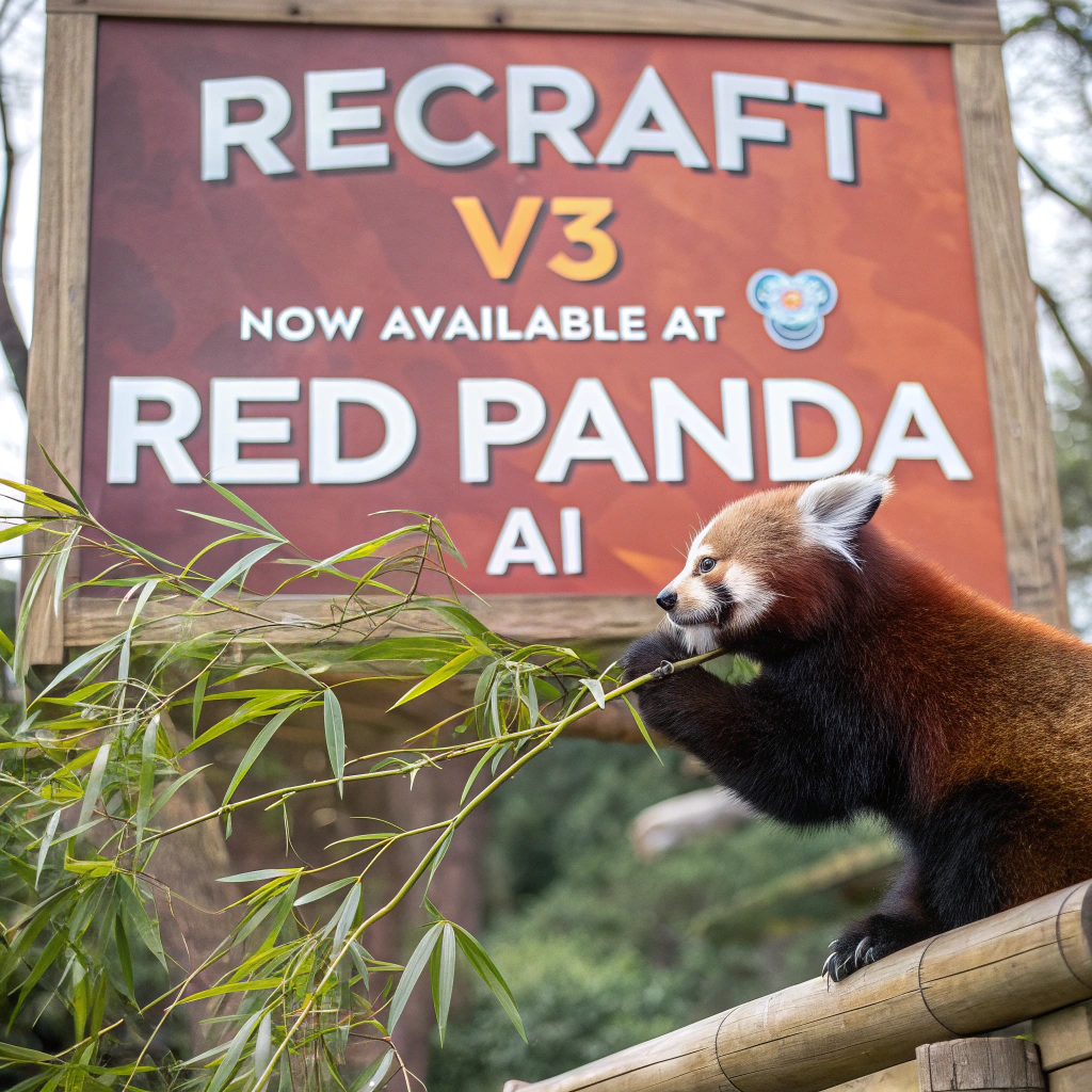 AI generated image by Red Panda AI: a red panda eating a bamboo in front of a poster that says "recraft V3 now available at red panda ai