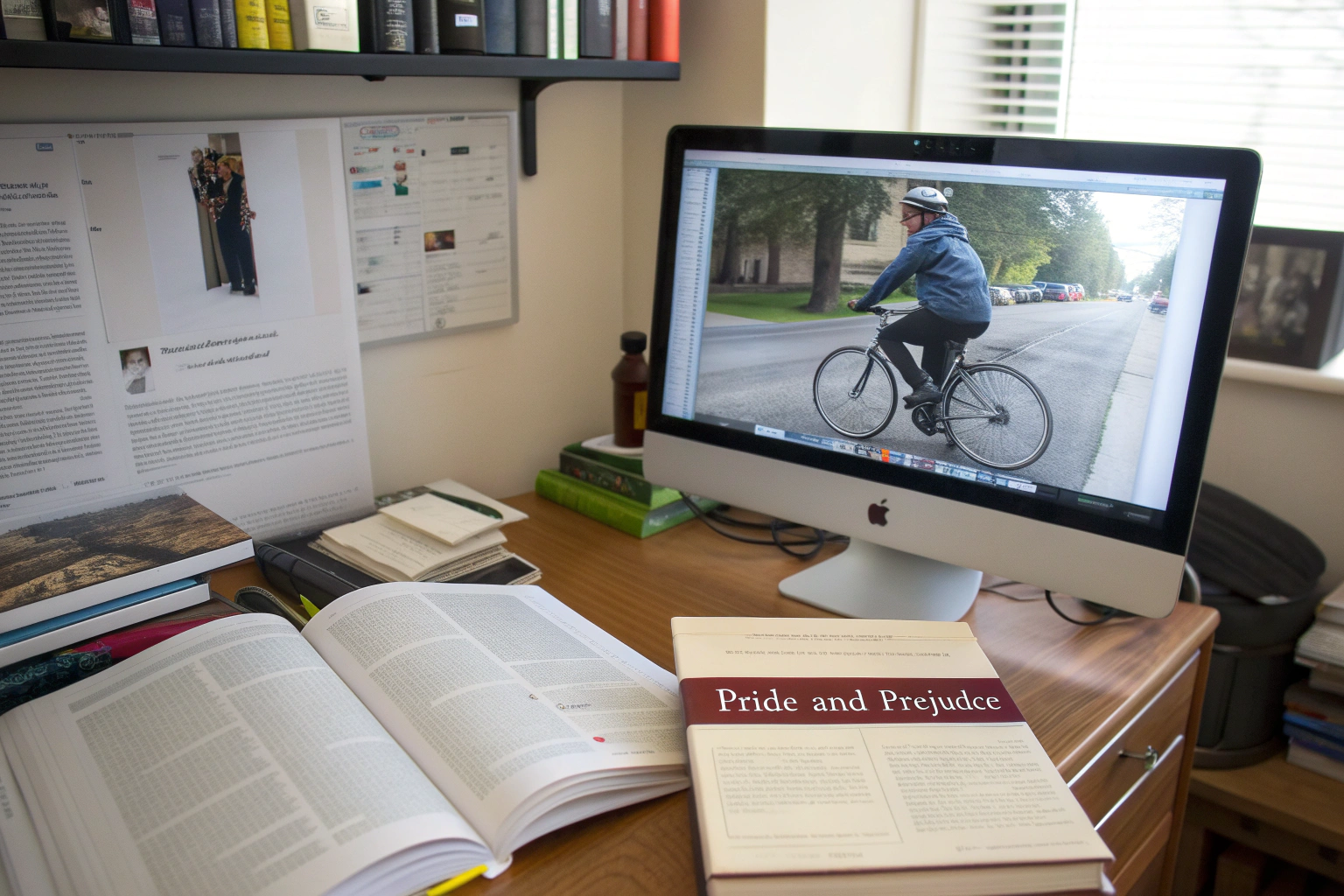 AI generated image by Red Panda AI: A personal study room with a desk displaying a computer screen showing a personal email. A personal photo is on the desk. The photo is placed in the middle of the desk and depicts a person riding a bicycle on a street. The person in the photo is clearly visible, wearing casual clothes and a helmet. On the desk, there is a copy of the book Pride and Prejudice scattered among other books. The photo and computer screen are in focus, positioned on the left and right sides of the desk respectively.