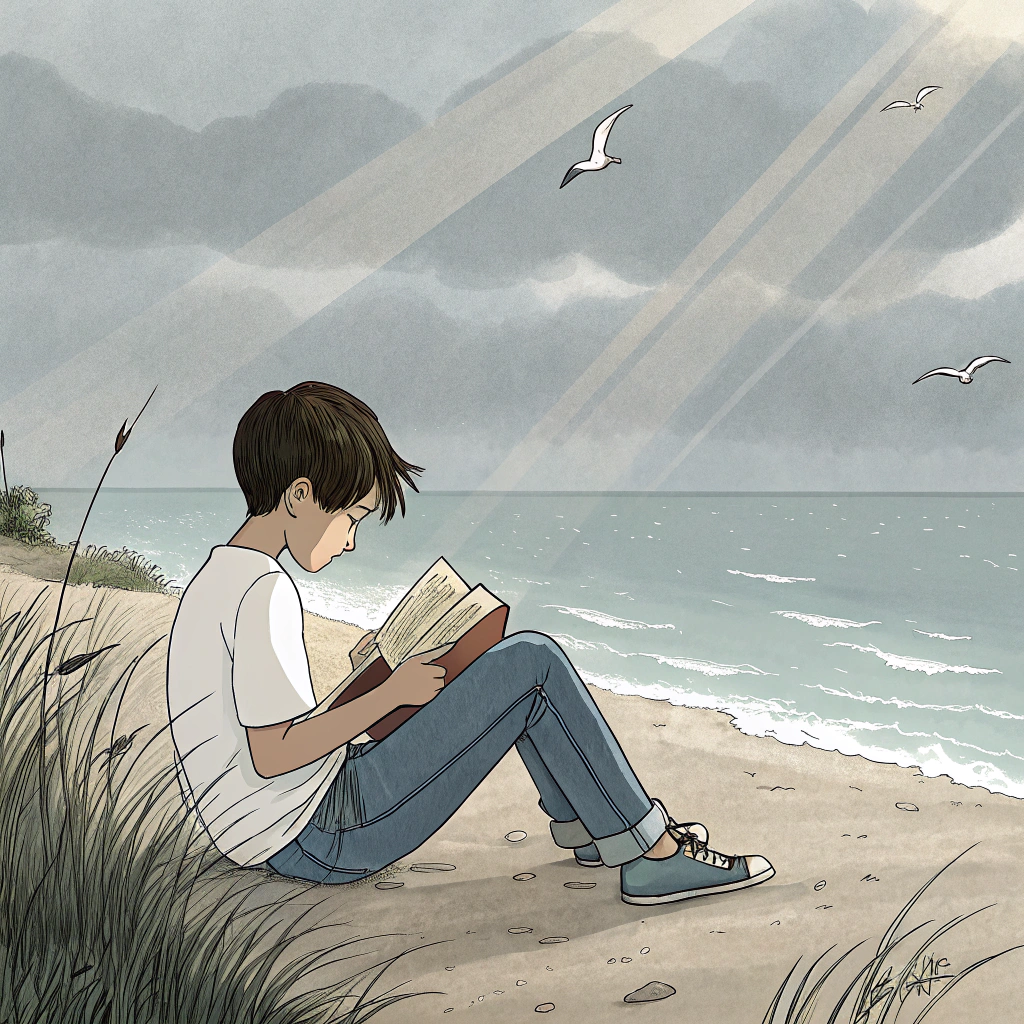 AI generated image by Red Panda AI: Draw a Ghibli-style drawing of a boy leisurely reading a book on the beach wearing a white t-shirt and jeans.