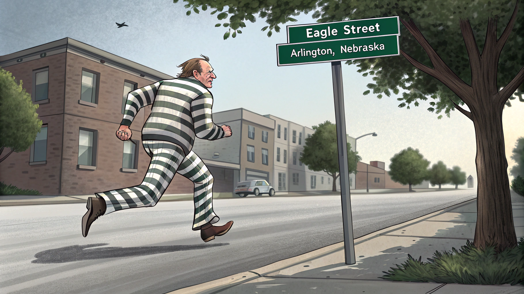 AI generated image by Red Panda AI: A guy in jail clothes, grabbing his own butt, runs down a street, there is a street sign that says "Eagle Street", and another sign says "Arlington, Nebraska"