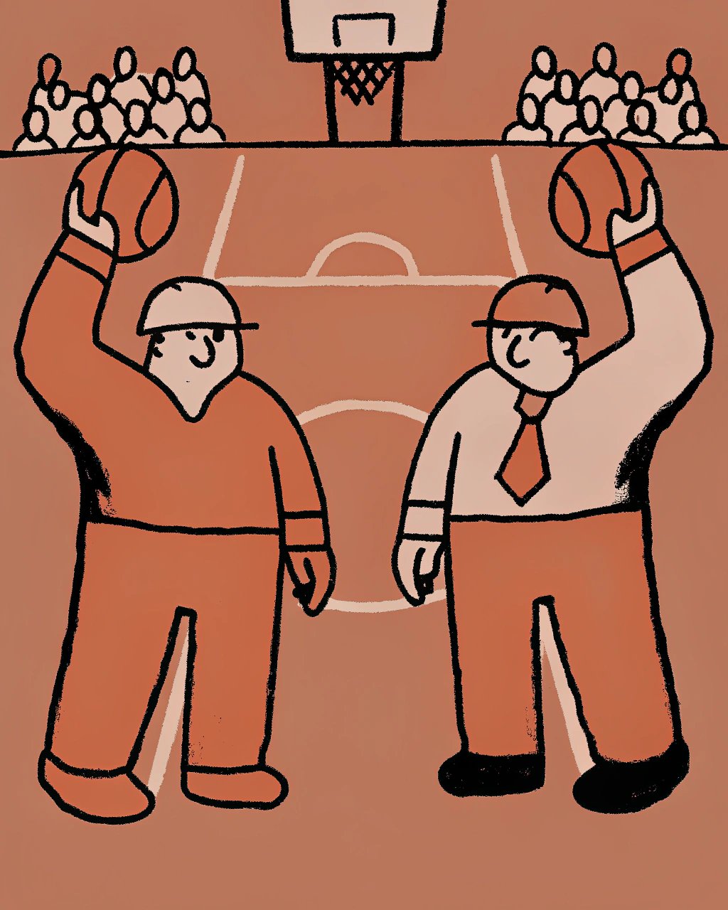 AI generated image by Red Panda AI: black and white poster in a retro cartoon style about a basketball game between a basketball team made up of architects and another basketball team made up of civil engineers