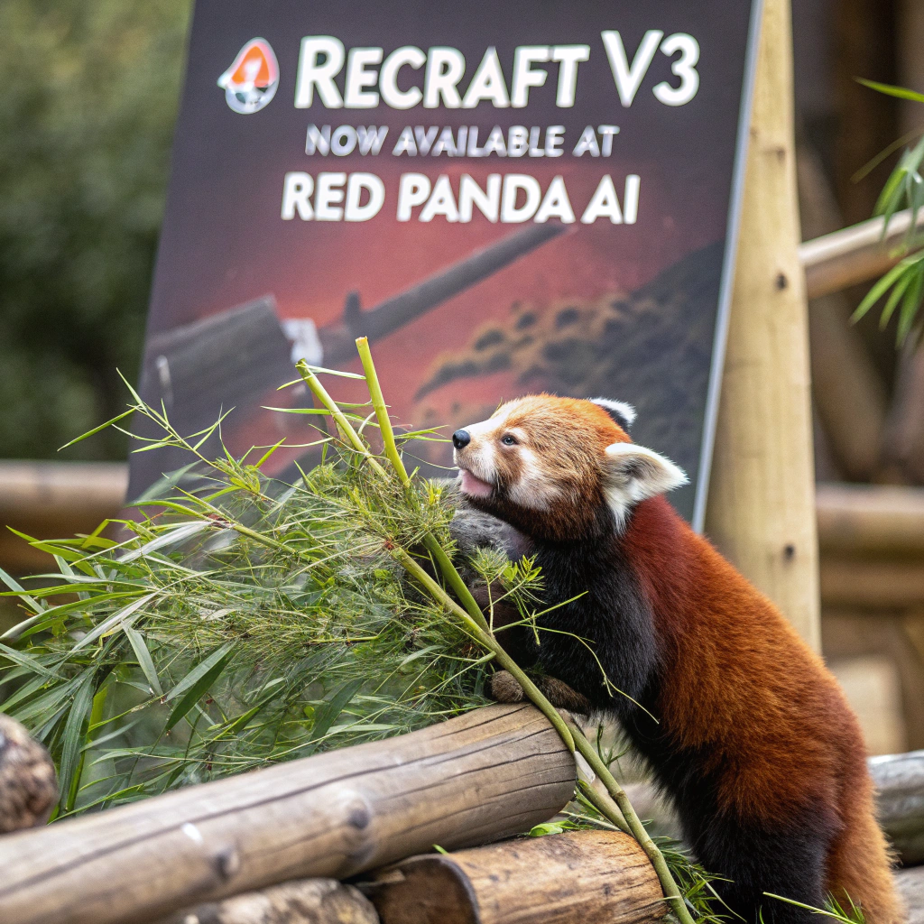 AI generated image by Red Panda AI: a red panda eating a bamboo in front of a poster that says "recraft V3 now available at red panda ai