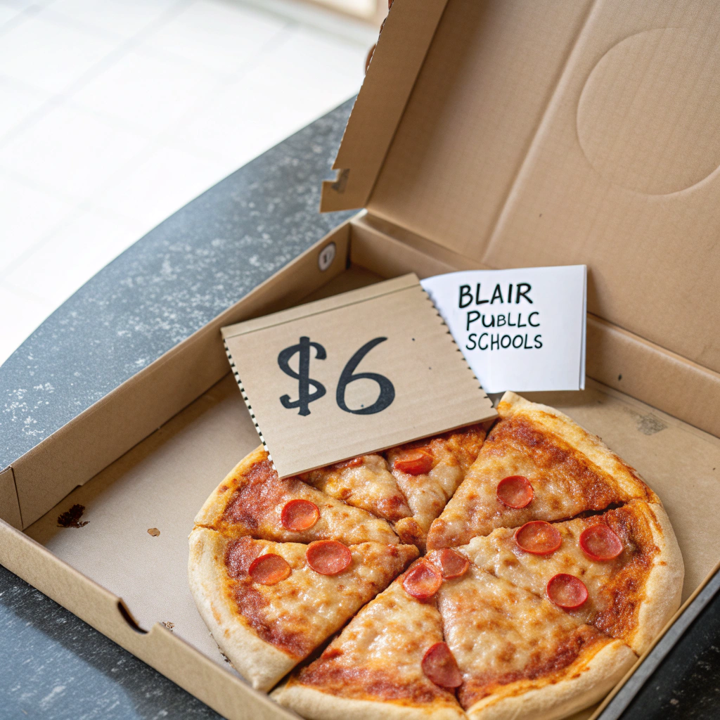 AI generated image by Red Panda AI: image of a pizza in a box with 11 slices visible. In place of slice #12 is the hand-written text: "$6". The name on the sign of the
pizza restaurant sign is "Blair Public Schools"