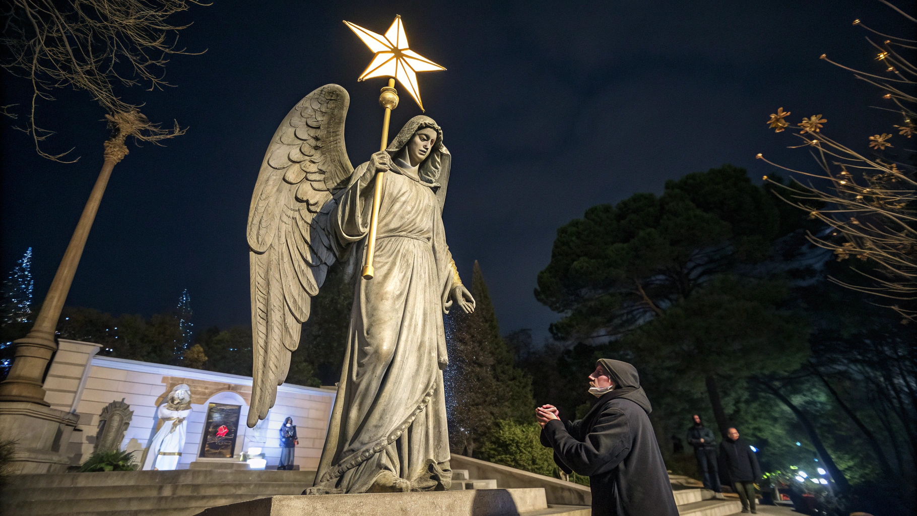 AI generated image by Red Panda AI: a statue of an angel with a star above it, motivational poster, inspired by Edo Murtić, youtube thumbnail, left trad, necro, be not afraid, weta, holy crusader, the reaper, a dark