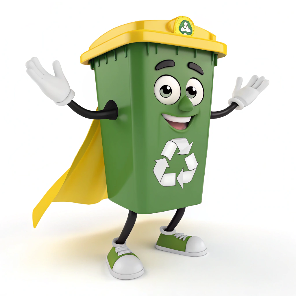 AI generated image by Red Panda AI: Crear un personaje animado de un tacho de reciclaje el icono de reciclaje de color blanco de color verde con una tapa de color amarillo muy feliz con una capa amarilla y las mangas de color negro con las manos de color blanco muy feliz