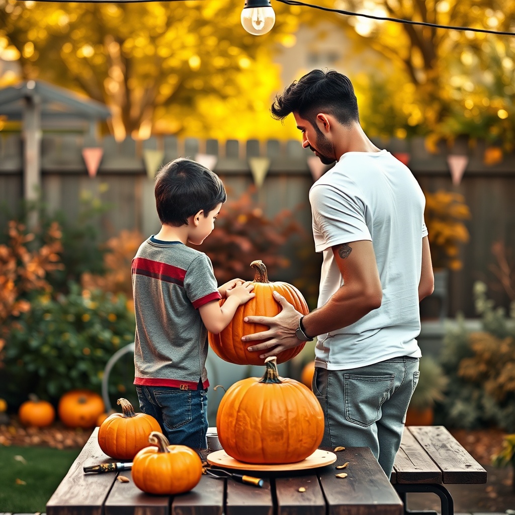 AI generated image by FLUX.1-schnell: Generate a photorealistic image of a tall, slim man in his early thirties and his 6-year-old son, both seen from behind, as they carve a pumpkin together at a table in their backyard garden. The man, standing around 6'3" (1.90 m) with a slim, athletic build and slightly wavy dark brown hair, neatly styled, wears a casual white T-shirt and light gray trousers. The boy, who reaches about his father’s waist, has short, dark brown hair and is dressed in a colorful T-shirt and jeans. They are both focused on carving the pumpkin, which sits on the table between them, with carving tools and pumpkin seeds scattered around. The garden is filled with fall foliage, and there are small decorations hinting at Halloween. The scene is bathed in warm, natural light, exuding a cozy, festive atmosphere, capturing a lighthearted moment of father-son bonding and a single overhead light casting shadows.