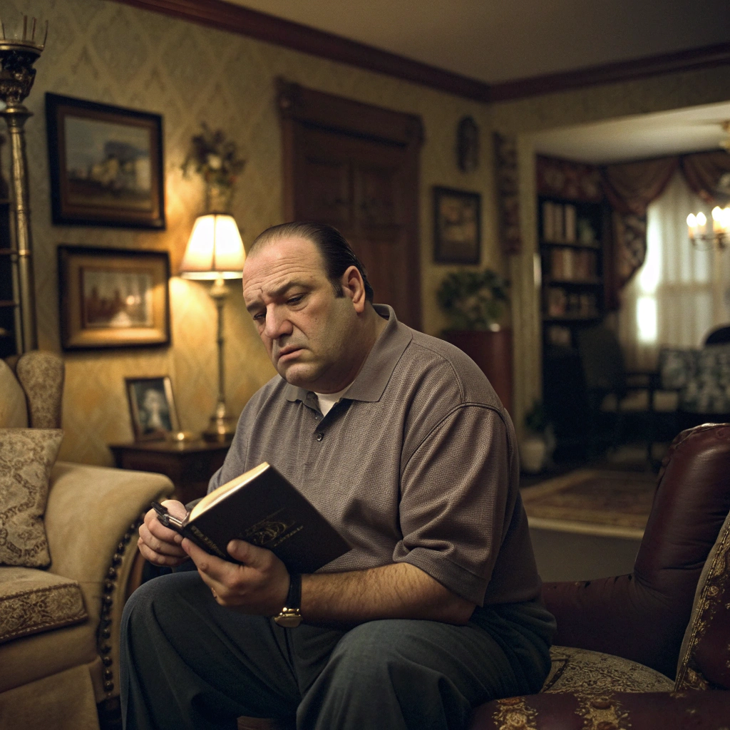 AI generated image by Red Panda AI: Tony Soprano holding a bible in his family home.
