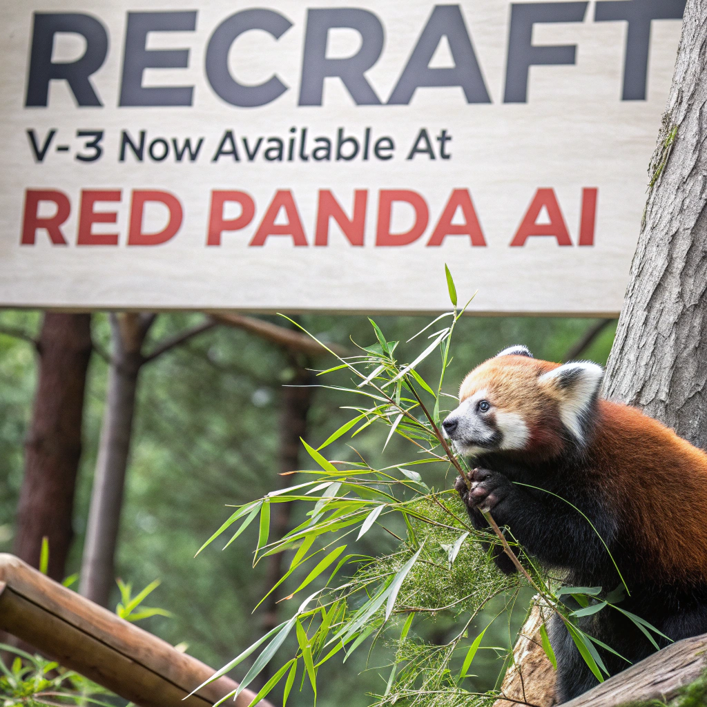 AI generated image by Red Panda AI: a red panda eating a bamboo in front of a poster that says "recraft V3 now available at red panda ai