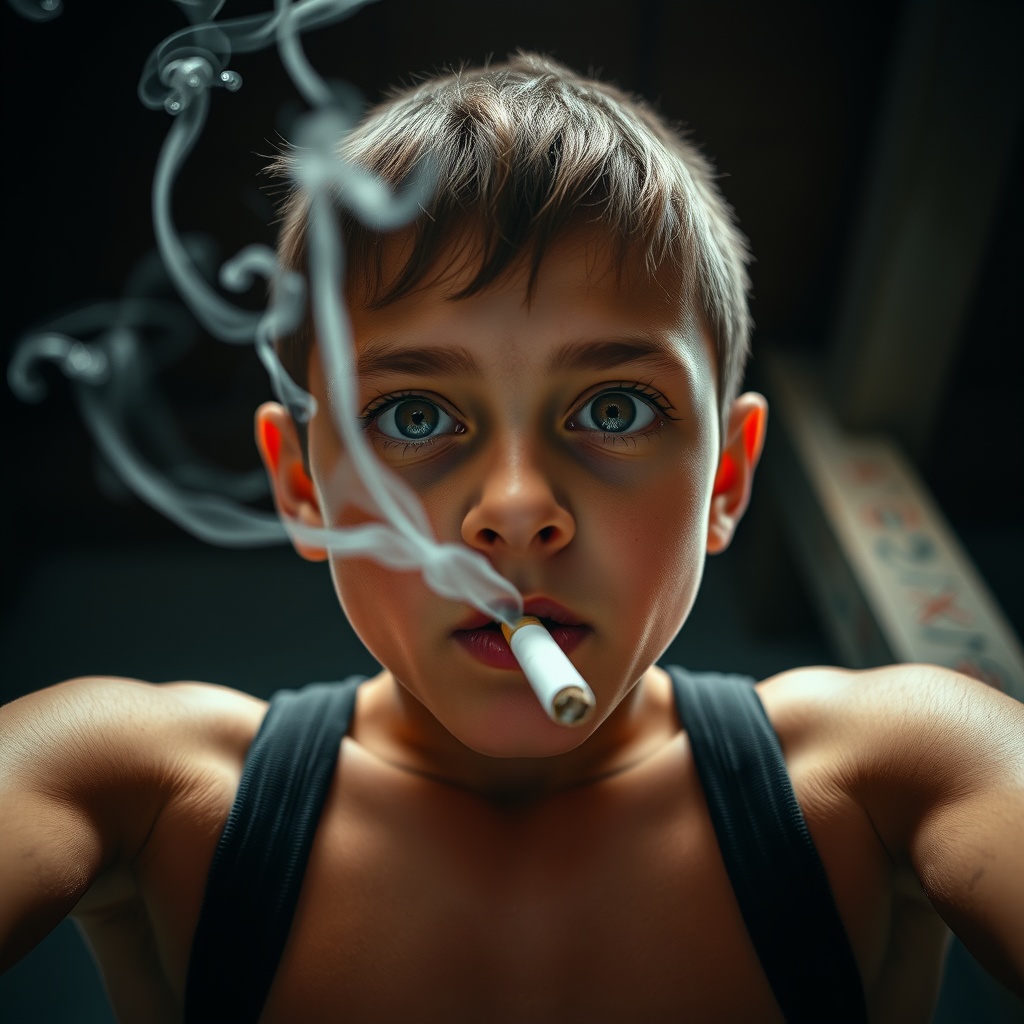 AI generated image by FLUX.1-schnell: Very Low angle shot of a Beautiful Young clever Boy 7-year-old elementary school boy with beautiful eyes Smoking a cigarette with hot white smoke coming out of the cigarette. Visible 6 pack abs and strong pectoral muscles. Boy looking downward directly at the camera with a mischievous clever expression on his face, Filmed from his abdominal muscles and up Visible 6 pack abs and pectoral muscles showing, with 6 pack abs and defined pectoral muscles visible. Short haircut. low angle shot