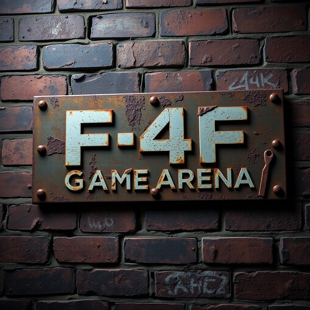 AI generated image by FLUX.1-schnell: a rusted metal sign with the phrase "F4F GAME ARENA", affixed to a weathered brick wall, with intricate details of rust and corrosion, graffiti art elements intermingled, atmospheric lighting highlighting the textures, art style reminiscent of urban street art combined with video game aesthetics, 4K UHD image, trending on ArtStation and DeviantArt.
