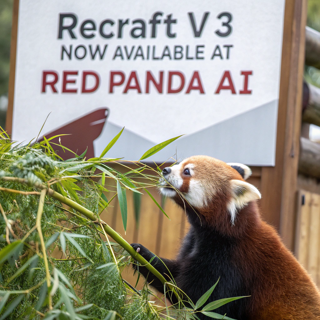 AI generated image by Red Panda AI: a red panda eating a bamboo in front of a poster that says "recraft V3 now available at red panda ai
