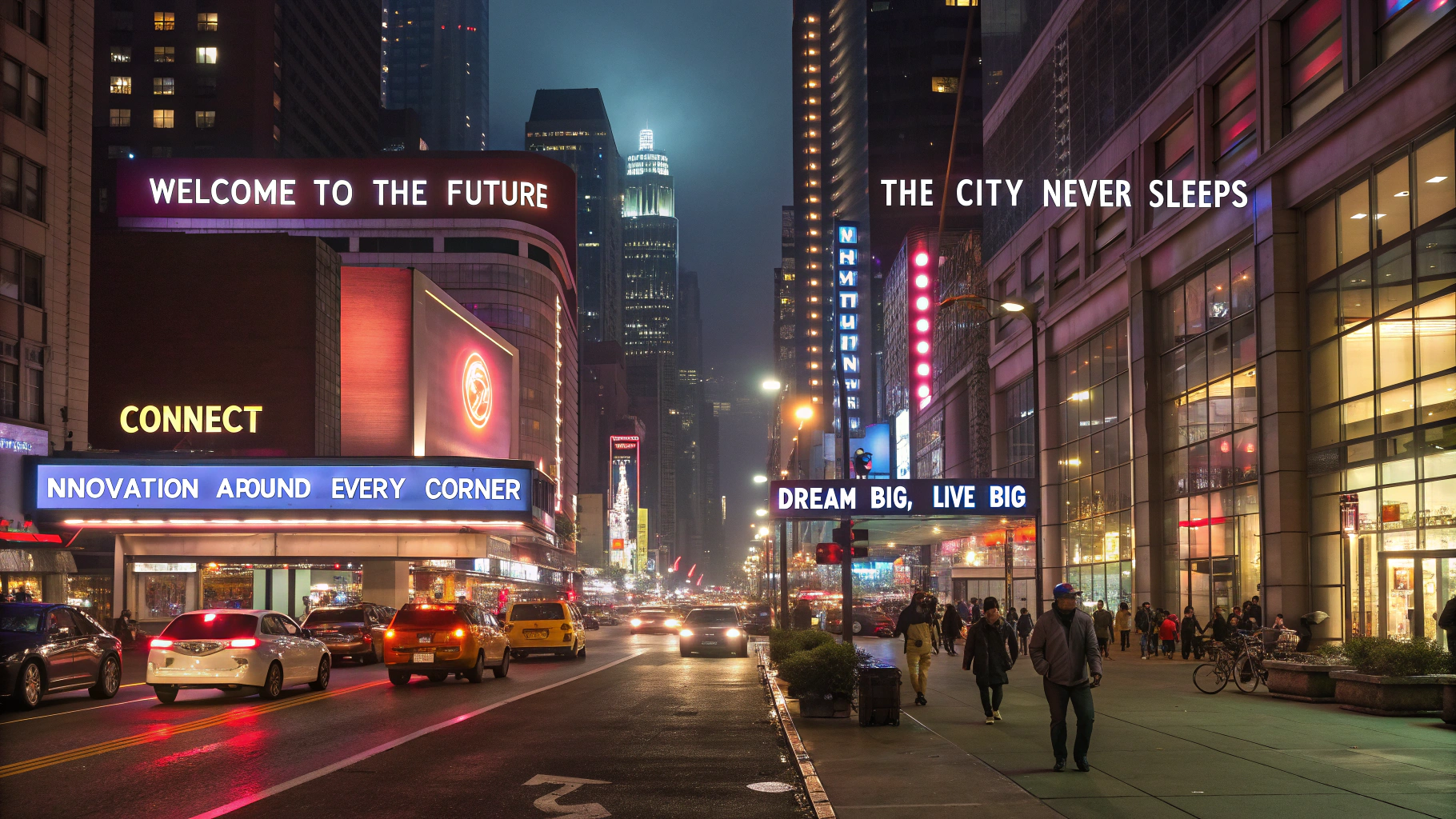 AI generated image by Red Panda AI: Create an image of a vibrant city at night, with streets lit by neon lights and bright signs. The scene shows modern skyscrapers and busy streets, with cars and people walking. On visible signs, place the following words written clearly and visibly: 'Welcome to the Future', 'The City Never Sleeps', 'Connect', 'Innovation Around Every Corner', and 'Dream Big, Live Big '. The lighting should highlight these signs and the architecture, creating an atmosphere of technology and energy, but also of welcome and progress.