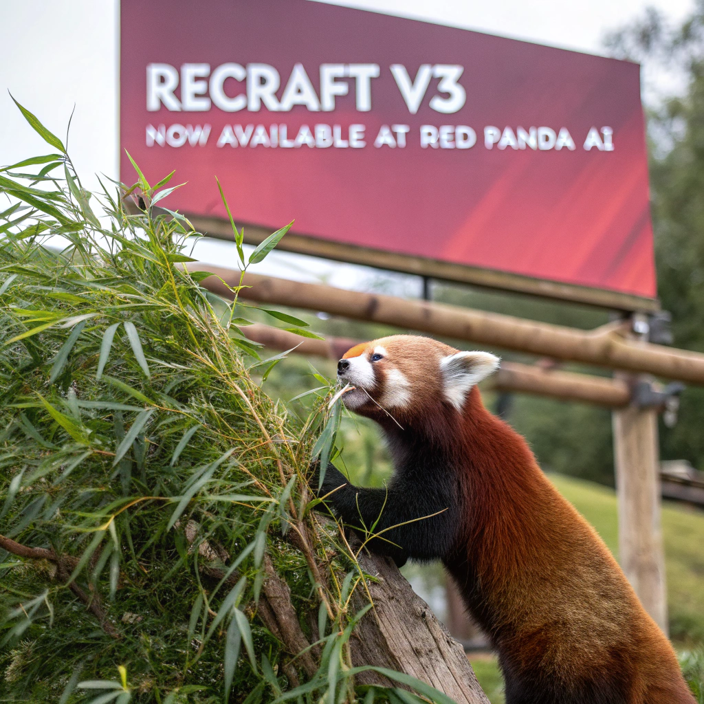 AI generated image by Red Panda AI: a red panda eating a bamboo in front of a poster that says "recraft V3 now available at red panda ai