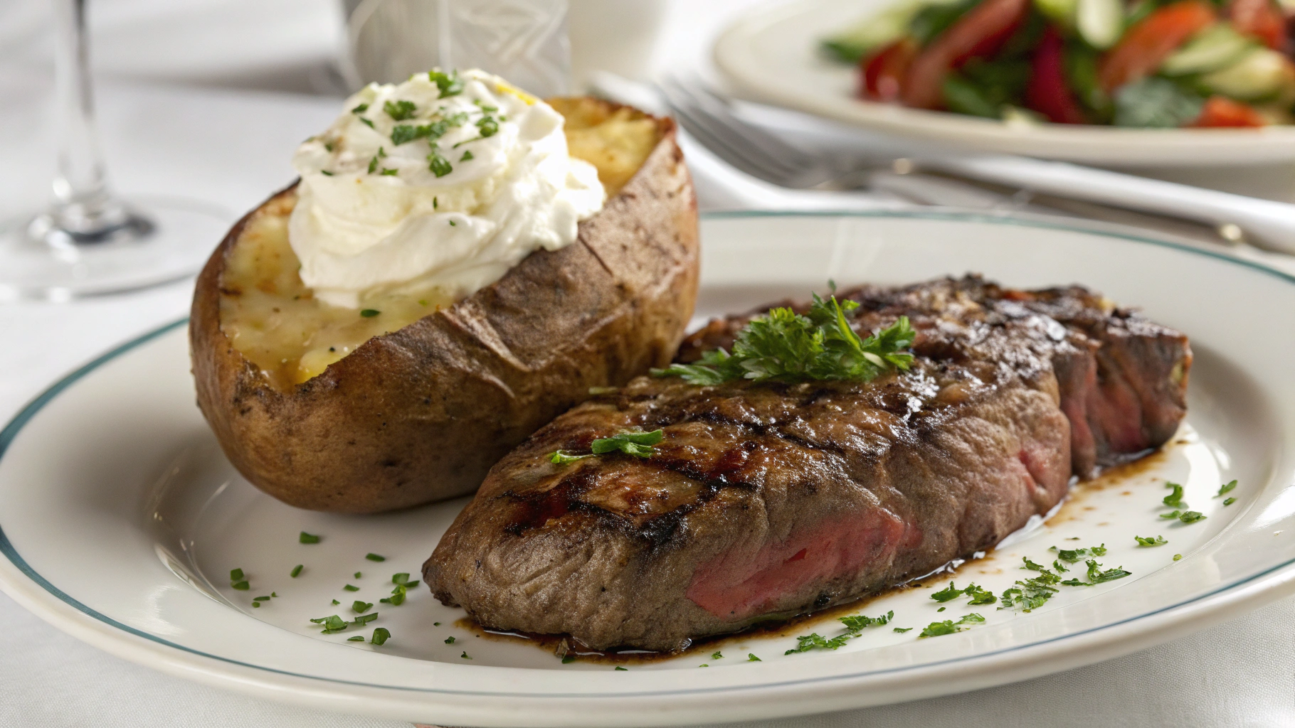 AI generated image by Red Panda AI: steak and baked potato on a plate, hot and ready to eat