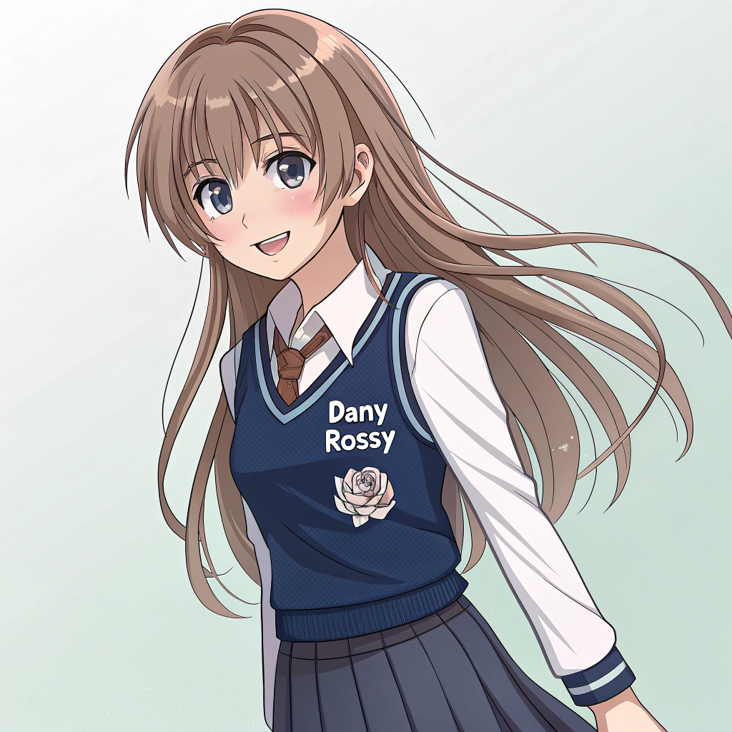 AI generated image by Red Panda AI: CREAR UNA CHICA ESTUDIANTE VERSIÓN ANIME CON EL NOMBRE DE DANY ROSSY COMO LOGO EN EL PECHO