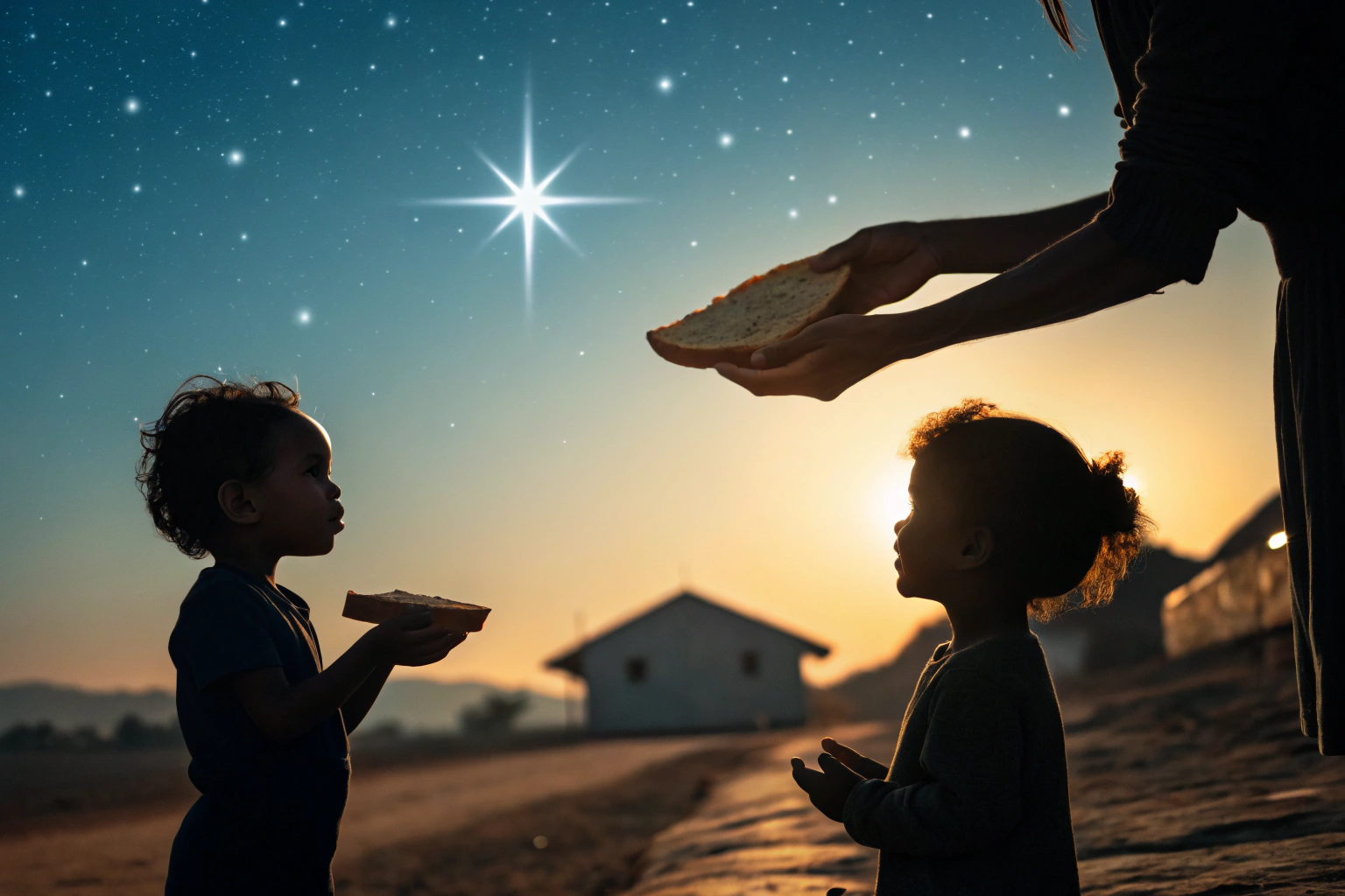 AI generated image by Red Panda AI: A pair of adult hands gently offering food, such as a piece of bread, to the small hands of children, symbolizing generosity and care. The children appear humble but hopeful, their faces softly illuminated by a warm, golden light. In the background, the Star of Bethlehem shines brightly in a deep, tranquil night sky, casting a subtle glow over the scene. The setting is simple and modest, with earthy tones and soft shadows, emphasizing the spiritual significance of giving over material wealth. The overall tone is compassionate and uplifting, reflecting the spirit of Christmas as a time for sharing and love.