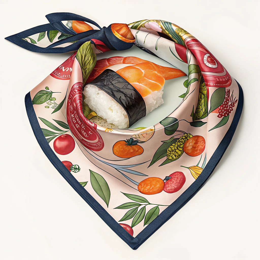 AI generated image by Red Panda AI: Create a bandana that looks like this: https://www.hermes.com/us/en/product/le-rodeo-des-fruits-bandana-55-H044214Sv06/
But instead of cowboys it's an image of a nigiri piece.