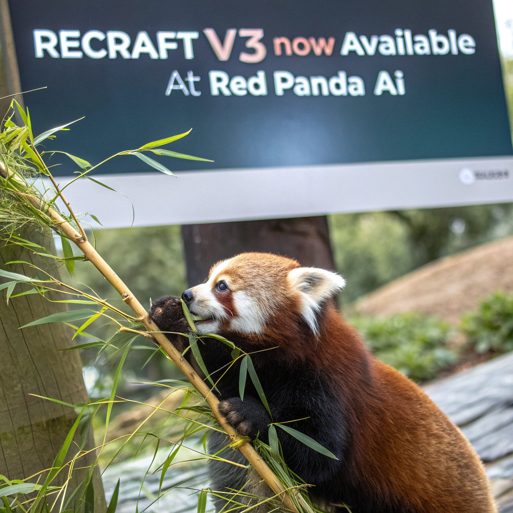 AI generated image by Red Panda AI: a red panda eating a bamboo in front of a poster that says "recraft V3 now available at red panda ai