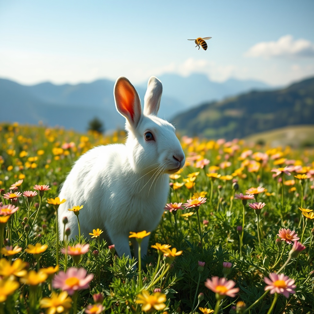 AI generated image by FLUX.1-schnell: Weißer Hase in einem Gelb, Pink grünen Blumenfeld vor Alpenpanorama an einem sonnigen Tag an dem schon Bienen fliegen