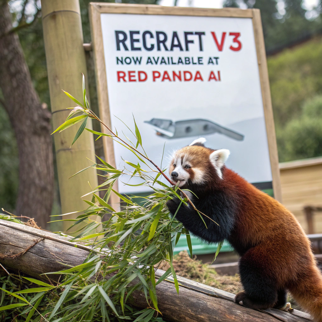 AI generated image by Red Panda AI: a red panda eating a bamboo in front of a poster that says "recraft V3 now available at red panda ai