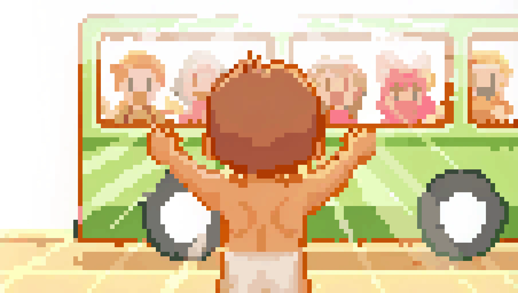 AI generated image by Red Panda AI: **create thumbnail with a cute child aged 2-3 similar to the given character reference is standing in from the of a green bus in closeup to the camera and cheering in excitement, the bus is filled with kids cheering in excitement visible in the windows , the scene is bright and sunny